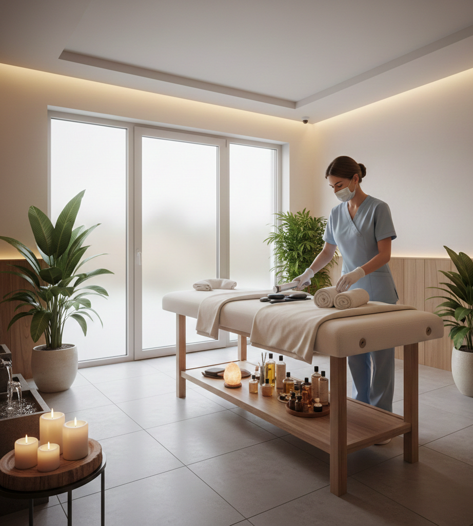 clean safe hygienic certified spa interior with therapist preparing table