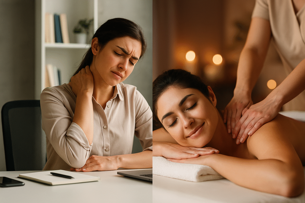 Woman experiencing neck pain while working at a desk contrasted with a relaxing spa therapy massage session.