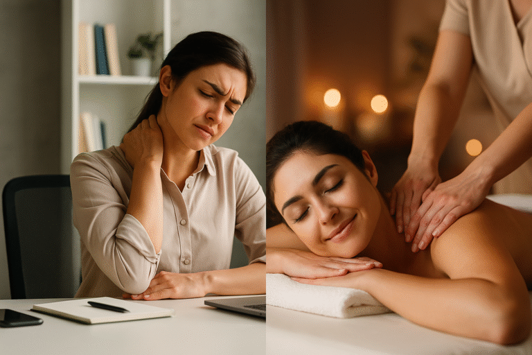 Woman experiencing neck pain while working at a desk contrasted with a relaxing spa therapy massage session.