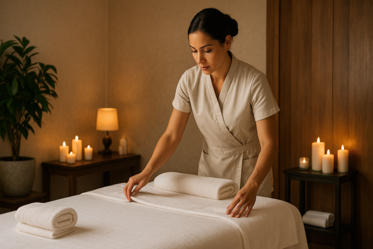 therapist preparing a clean luxury spa massage table in a hygienic spa room