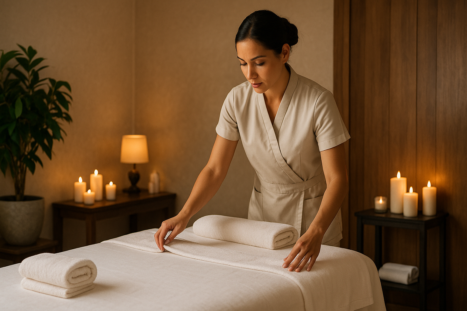 therapist preparing a clean luxury spa massage table in a hygienic spa room