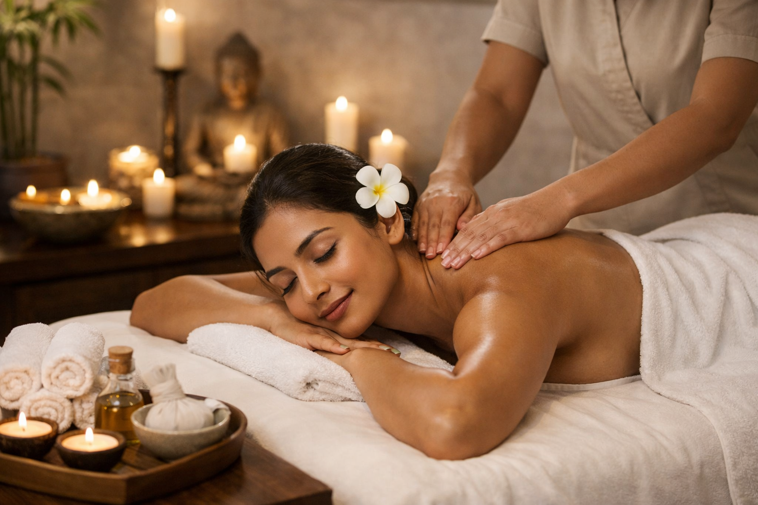 professional therapist giving a relaxing massage in a clean and hygienic spa in Delhi