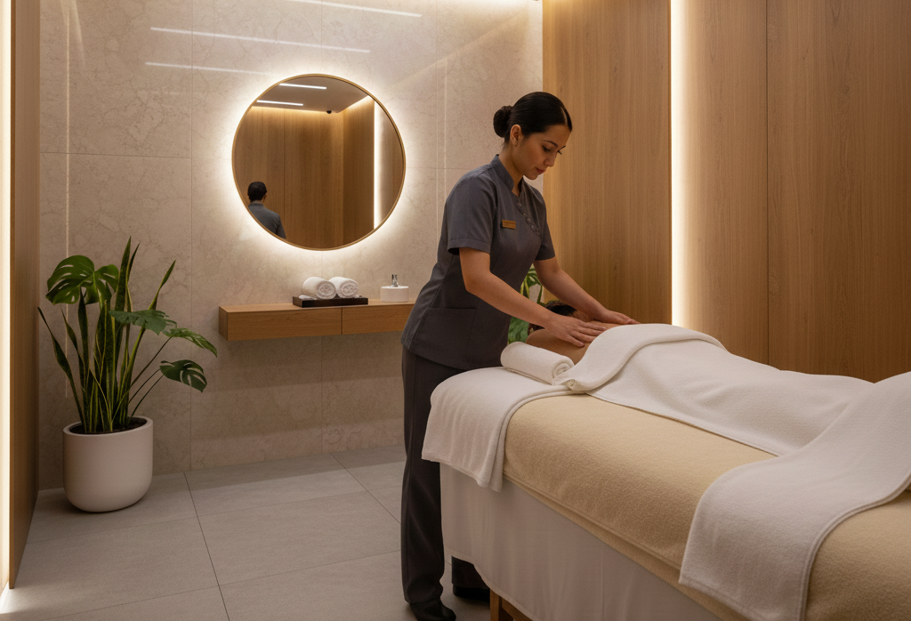 Professional spa therapist preparing a clean massage room at a premium spa in Delhi
