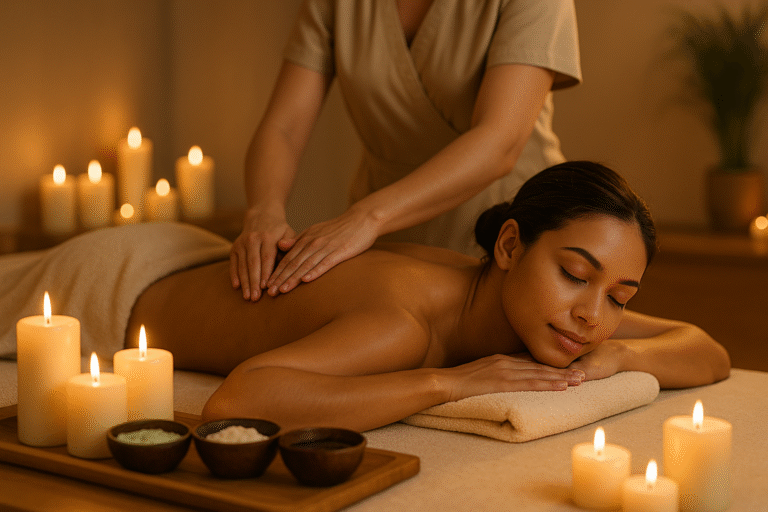 A professional spa therapist performing a relaxing full body massage in a clean luxury spa room with candles, soft lighting, and a calm wellness atmosphere