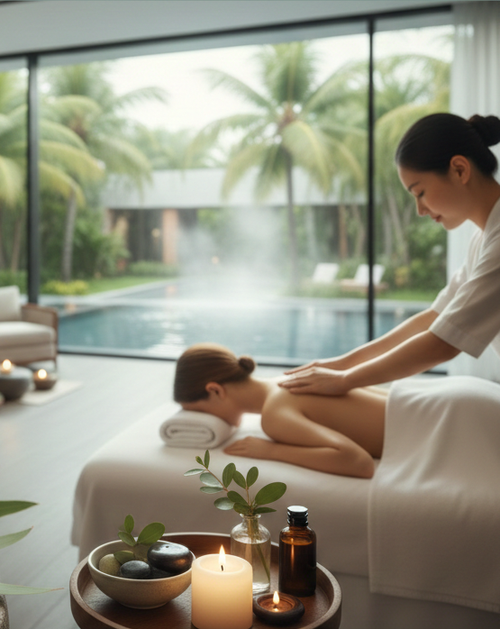 Luxurious spa scene with a therapist giving a back massage, a person meditating, and hands holding hot stones, representing relaxation and stress relief.
