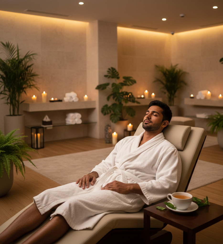 young professional relaxing in a clean and hygienic luxury spa in Delhi